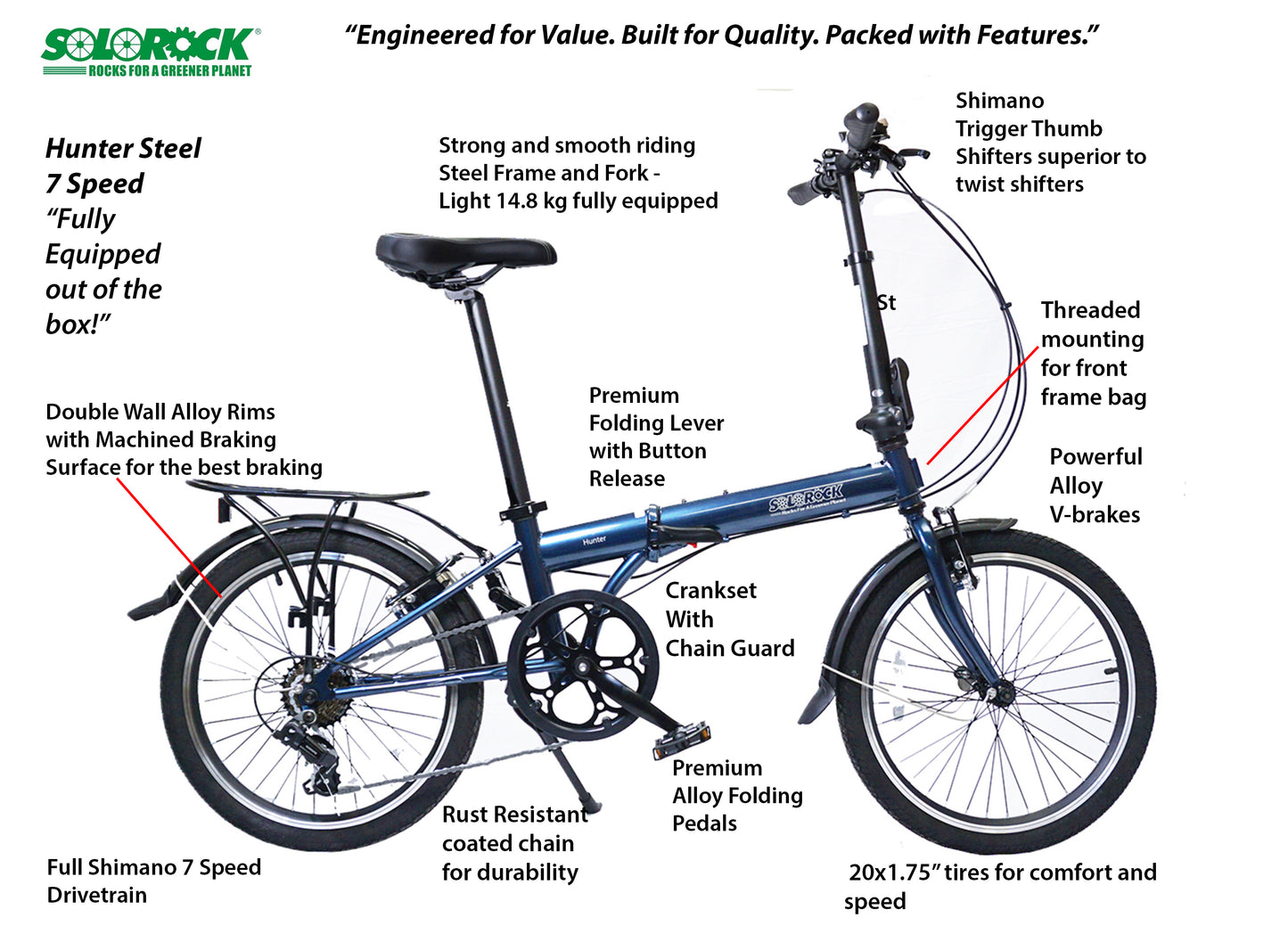 Hunter - SOLOROCK 20" Upgraded 7 Speed Steel Folding Bike